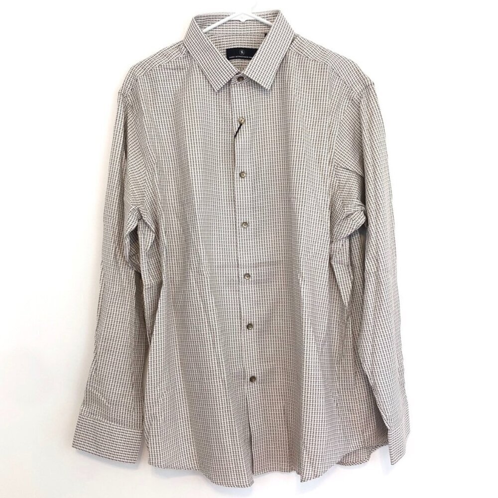 NEW NWT HART SCHAFFNER MARX Mens White Tan Brown Woven Checkered Button Down XL